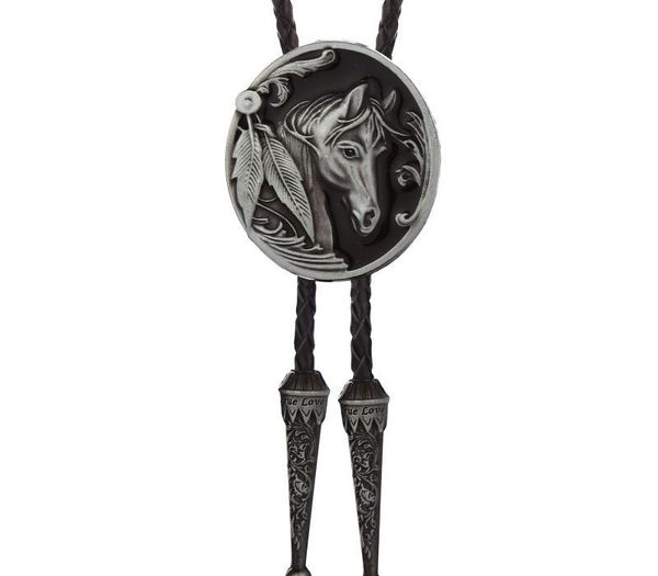 

western cowboy bolo tie american original 3d retro pattern horse head oil drip leather zinc alloy tie, Black;gray