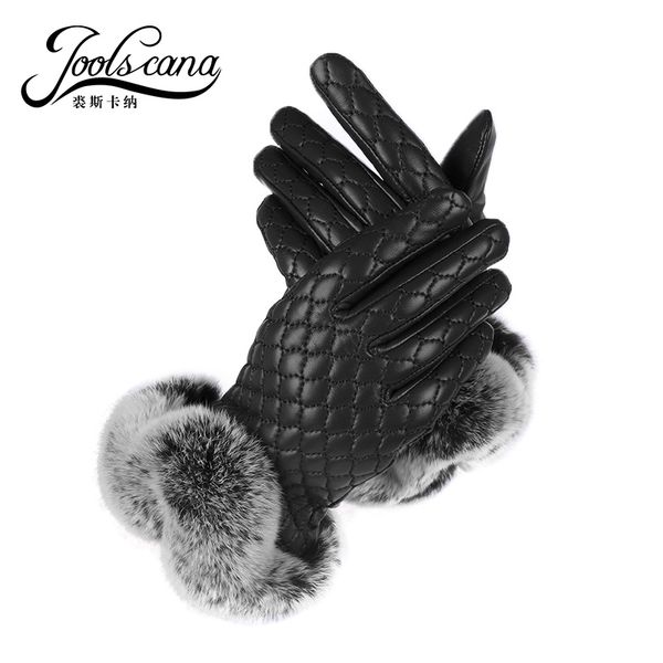 

joolscana female leather gloves women winter gloves with winter fur genuine italy leather glove touch screen only black, Blue;gray