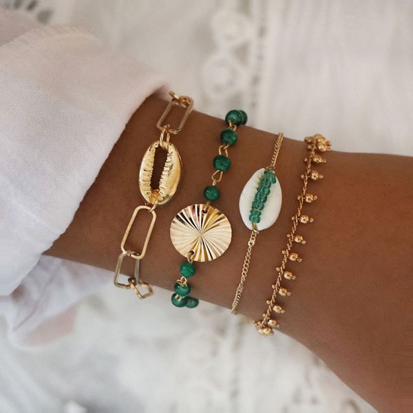 

4 pcs/set gold seashell charm bracelets for women green beads chain tassel bracelets set ladies multilayer shell charm jewelry, Golden;silver