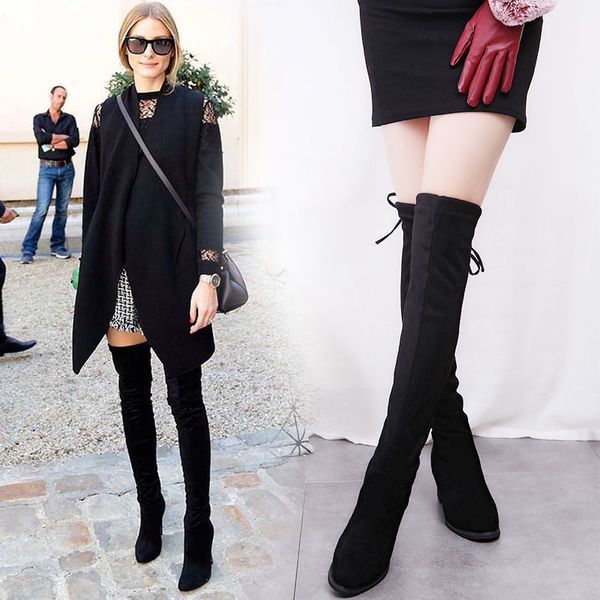 

women's over-the-knee boots fall/winter 2020 new high-heeled slimming lace-up skinny stretch boots high thick-heeled, Black