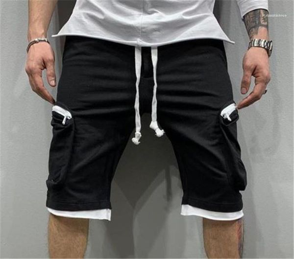

drawstring cargo shorts summer casual solid color loose pants knee length multi pockets shorts hip hop, White;black