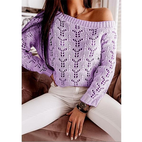 

purple short loose sweater women long lantern sleeve loose pullover o neck casual sweet hollow out knit crop sweater, White;black