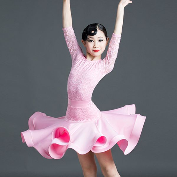 

stage wear 2021 latin dance dress girls pink lace split competition costumes tango rumba cha samba salsa children show, Black;red