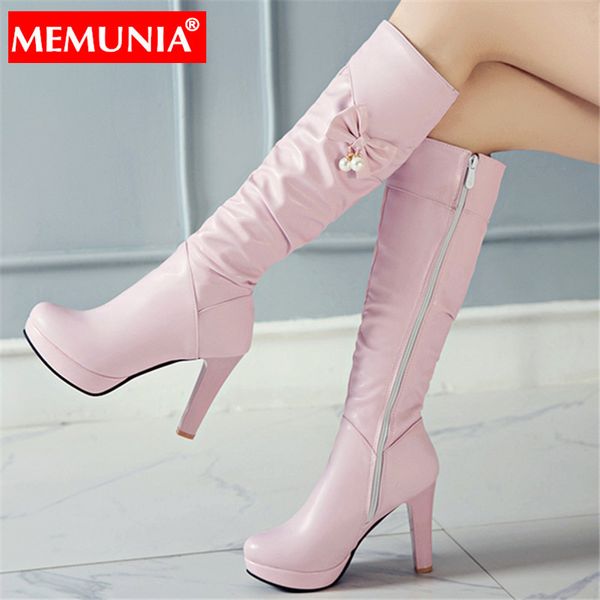 

boots memunia plus size 34-43 knee high women shoes zipper platform thick heeled bowtie fashion ladies, Black