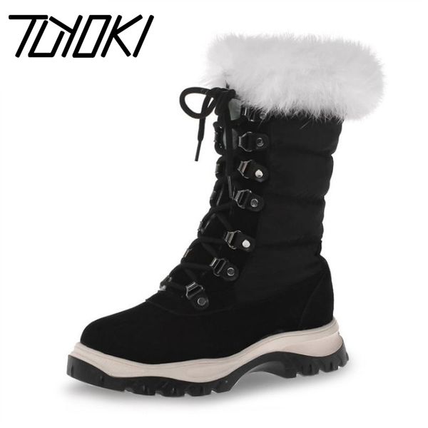 

tuyoki cow leather down boots women mid calf boots lace up solid color thick sole shoes winter warm women footwear size 34-41, Black