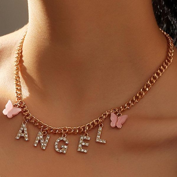 

ins fashion butterfly rhinestone letter angel baby pendant choker necklace collier jewelry for women metal chain collar necklace, Silver