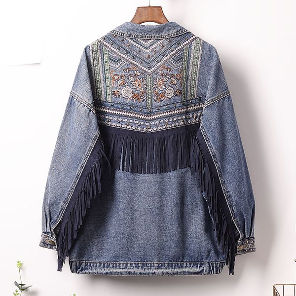 

5xl plus size denim women jacket autumn vintage floral embroidery tassel loose coat long sleeve streetwear outerwear female y76, Black;brown