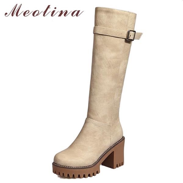 

meotina autumn knee high boots women buckle chunky heel long boots zipper extreme high heel shoes female winter plus size 33-43, Black