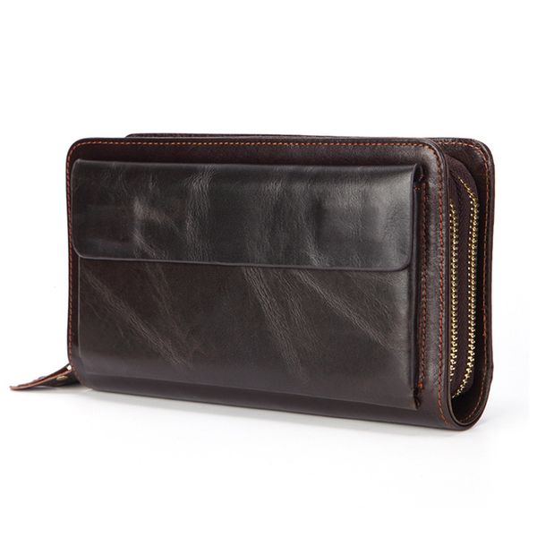 

wallets genuine leather men's wallet long oil wax double zipper handbag retro business clutch bag, Red;black