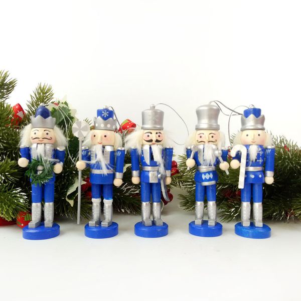 

5pcs/set blue soldiers christmas tree hanging pendant xmas party table decorative puppet doll with rope wooden nutcracker toy