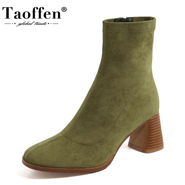 

taoffen stretc women ankle boots thick high heel flock zipper shoes round toe warm boots women fashion party footwear size 34-39, Black