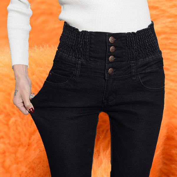 

women's jeans winter with high waisted plus big size warm thick velvet elastic waist slim stretchy denim pencil pants 40, Blue