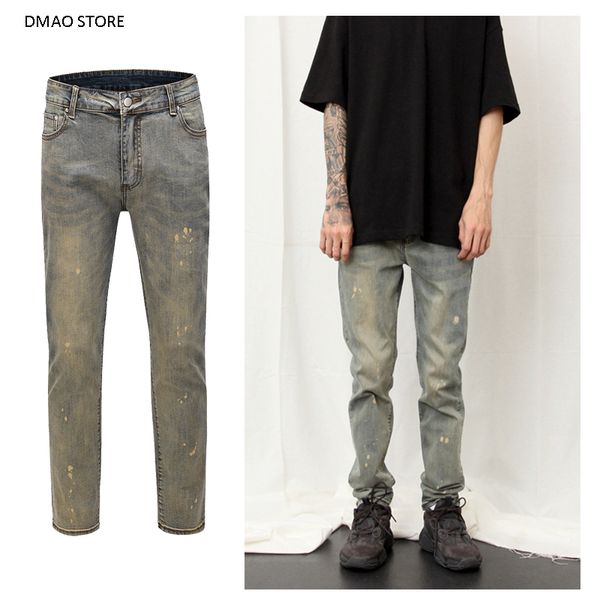 

2020 autumn designer washed ripped spray paint slim fit vintage jeans for men, Blue