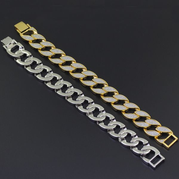 

men's luxury simulated diamond fashion bracelets & bangles gold plated iced out miami cuban bracelet hip hop, Golden;silver