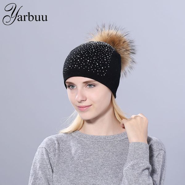 

beanie/skull caps [yarbuu] women winter beanie hat knitted wool hats the female of mink pom rhinestone for girl, Blue;gray