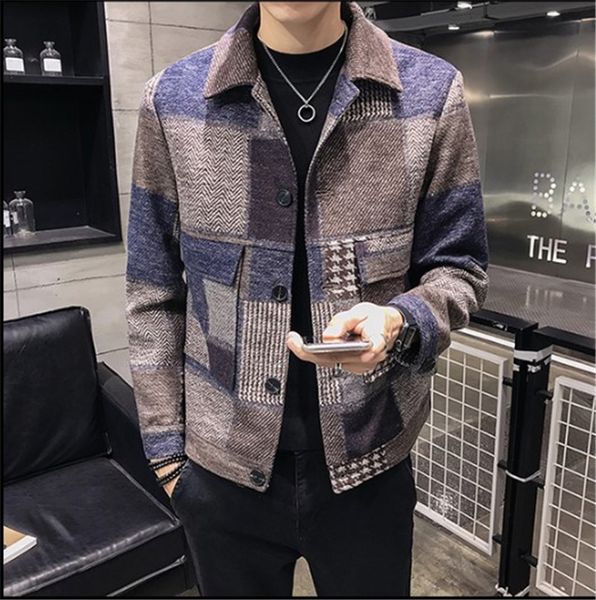 

mens cashmere plaid coats with pockets lapel neck long sleeved outerwear mens autumn and winter coats, Black