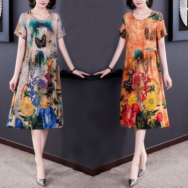 

2020 new summer printed long skirt loose slimming medium-length dress loose waist casual mm summer dress dress utwcz, Black;gray