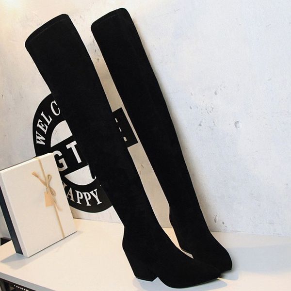 

women boots over the knee boots block high heel stretch thigh high winter snow autumn long zip slim booties suede, Black