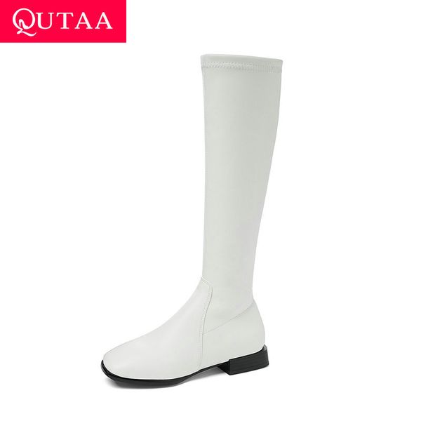 

qutaa 2021 knee high women boots pu leather round toe women shoes autumn winter fashion zipper square high heels big size 34-43, Black