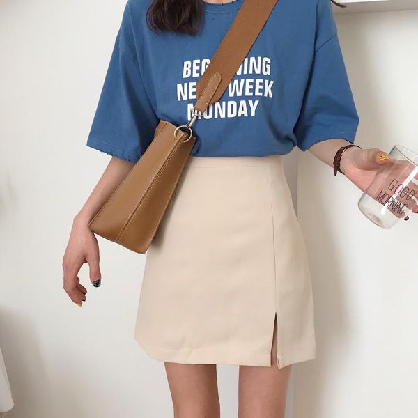 

skirts 2021 spring women solid color a line bag hip mini casual slits high waist summer slit zip womans skirt, Black