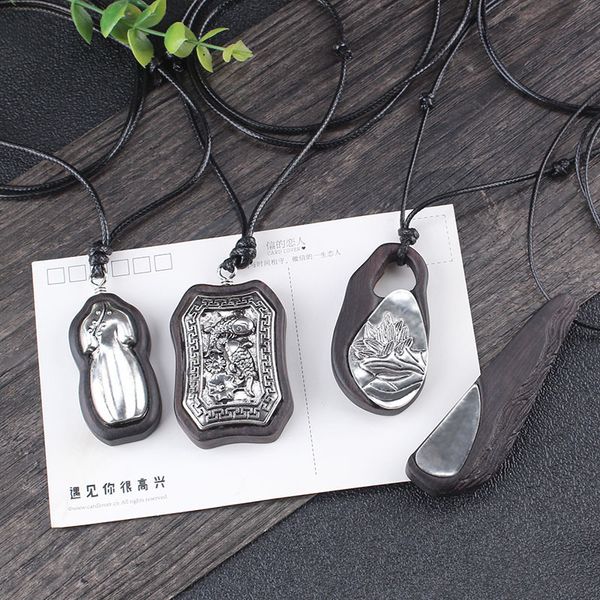 

retro ethnic style ebony pendant necklace for women lotus dragonfly pearl triangle natural stone wave sweater chain gift, Silver