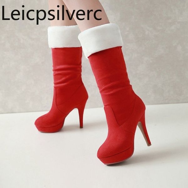 

women's boots winter the new fashion flock solid round head fine heel high heel high tube women's shoes plus size 32-43, Black