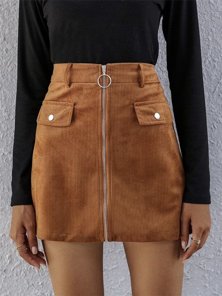 

women skirts fashion a line skirts with zipper pocket casual natural color above knee skirts women designers clothes, Black