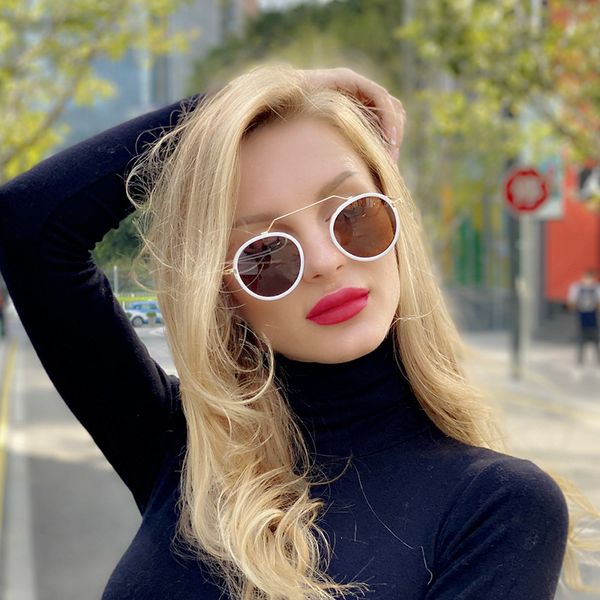 

qpeclou 2020 new fashion vintage punk round sunglasses women brand designer brown sun glasses men metal shades, White;black