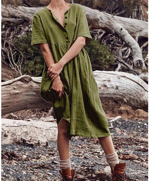

loose dress summer designer crew neck short sleeve button 4xl dresses females fashion casual clothes womens linen blend, Black;gray