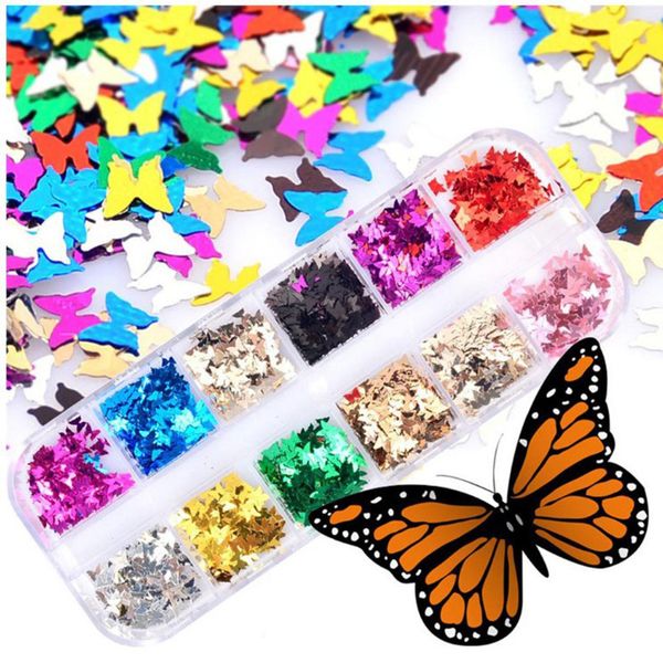 

12 grid/set 3d butterfly holographic nail sequins flakes sparkly slices glitter diy polish manicure nails art accessories yxl, Silver;gold