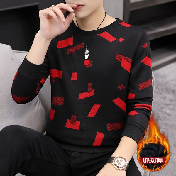 

2020 men's brushed and thick fashion autumn and winter warm sweater youth new style printed bottoming sweater, White;black