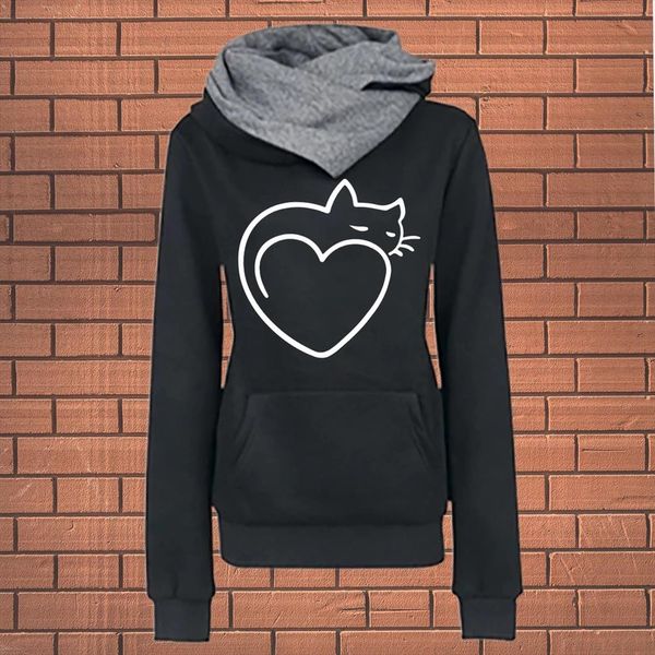 

womens sweatshirt casual print long sleeve hoodies pullover hooded cat womens hoodie poleron sudadera con capucha l808, Black