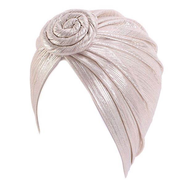 

muslim spiral knot floral turban cap shiny metallic pleated headwrap chemo hat n58f, Blue;gray