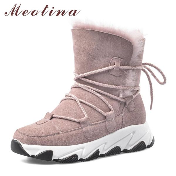 

meotina kid suede танкетке snow boots ботинки женщин натуральной кожи платформы высокий каблук ботильоны узелок теплый короткой зимой, Black
