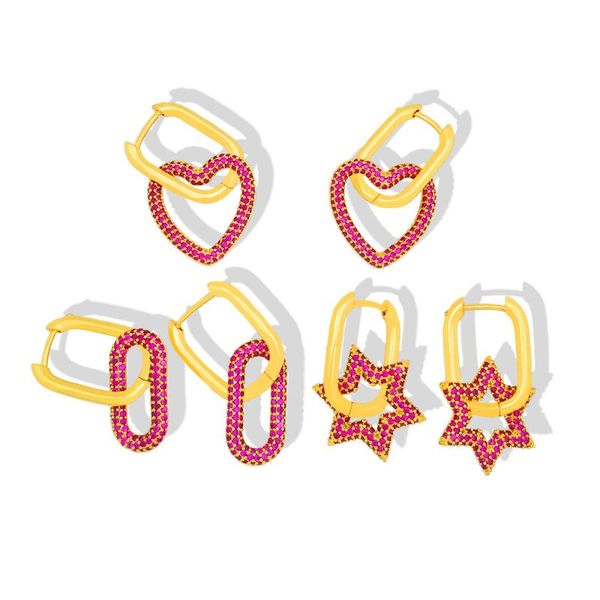 

colorful cz heart hoop ear rings for woman micro pave lock chain link dangle earring boho jewelry geometric drops earring zircon, Golden;silver