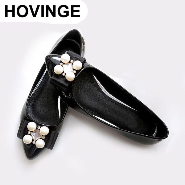

hovinge woman flats pearl loafers patent leather pointed toe shoes crystal bow slip on slides big size black apricot gray rose