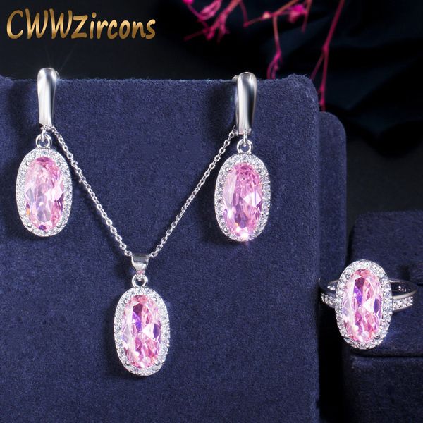 

cwwzircons super sparkling long oval pink cubic zircon engagement ring necklack and earrings set trendy ladies jewelry gift t431, Silver