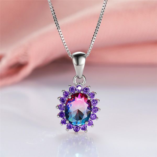 

charm female rainbow crystal pendant necklace classic silver color chain necklaces for women cute oval flower wedding necklace
