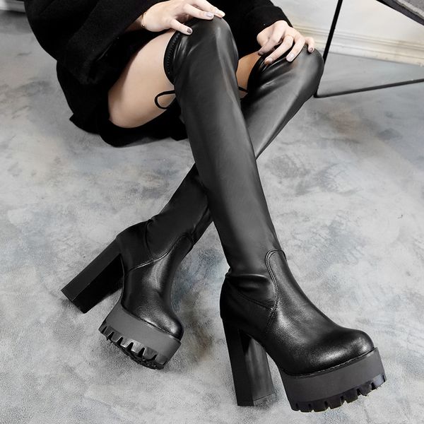 

square chunky block high heels riding boots women slip on thick platform rock punk botas mujer over the knee high boots shoes, Black