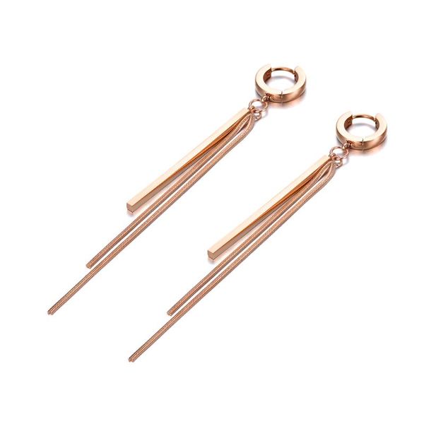 

simple rose gold long strip & chain tassel earrings for women girls titanium steel bohemia party hoop earrings e19228, Golden;silver