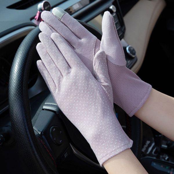 

summer women cotton driving sunscreen gloves thin silk anti-uv touch screen gloves female full finger bow lace c51, Blue;gray