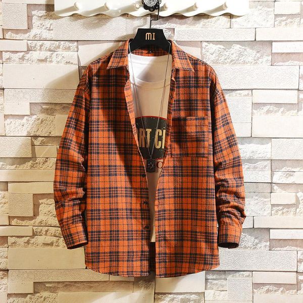 

casual spring autumn plaid shirt men long sleeve japan style loose streetwear plus size -5xl clothes kg-731, White;black