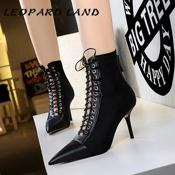 

leopard land fashion high heel lace-up cutout cross strap pointed pedicure slim women's ankle boots ds-8788-3, Black