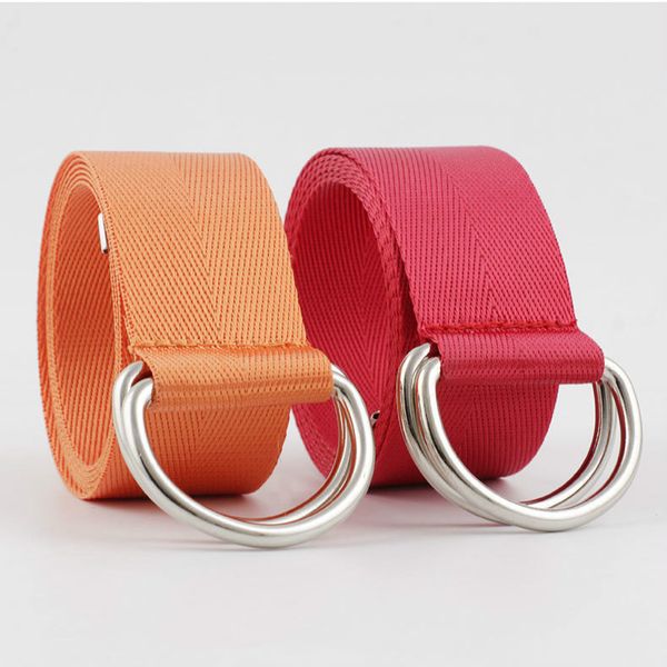 

new canvas nylon webbing women's belt fashion men double ring buckle ladies canvas adjustable long belt accessories, Black;brown