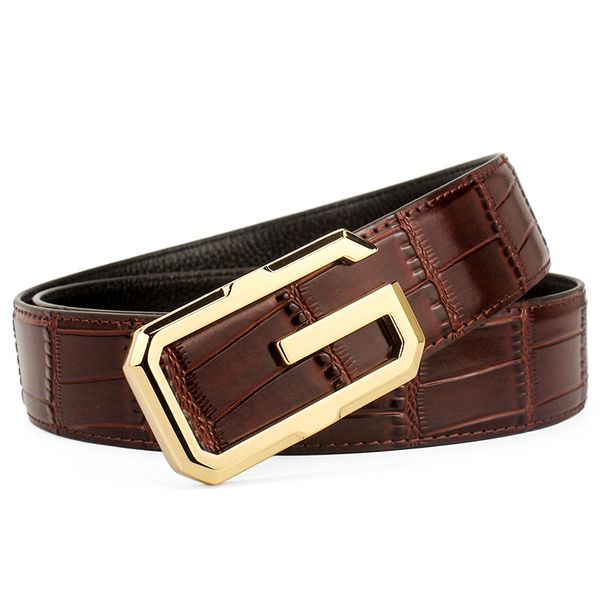 

leosoxs designer luxury men genuine leather belt bamboo grain cowskin belts for men male smooth g buckle belt g-719, Black;brown