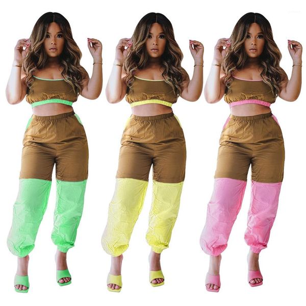 

spaghetti strap contrast color women designer loose two piece pants patchwork cargo pants womens 2pcs summer, White