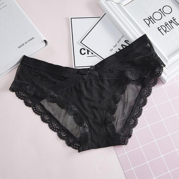 

women's panties summer thin mesh low-waist large size bow transparent lace briefs, Black;pink