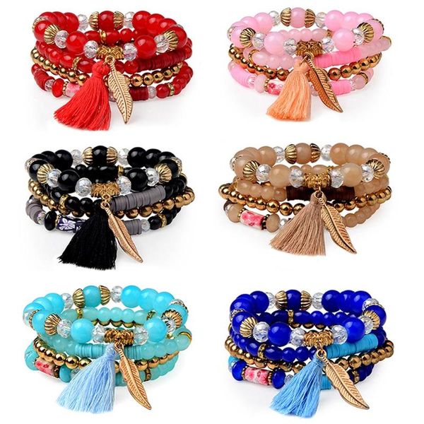 

tennis 4pcs/set vintage jewelry bohemia colorful tassel bracelet & bangle long ethnic charm bracelets for women, Golden;silver