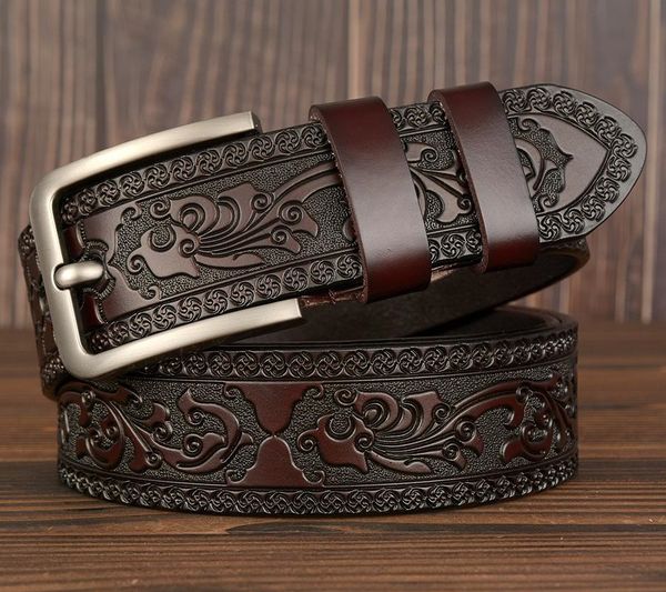 

new cow leather belts men vintage pin buckle male waistband genuine leather men belt flower pressed strap waist belt for jeans y200520, Black;brown