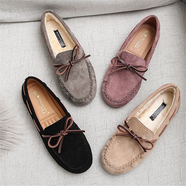 

2020 winter shoes woman moccasin loafers faux suede warm plush fur bowtie boat ballet flats soft roll egg peas pregnant woman, Black